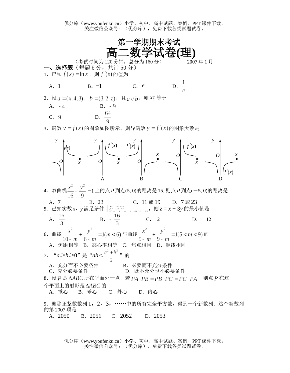 高中二年级数学苏教版上学期期末试卷_第1页