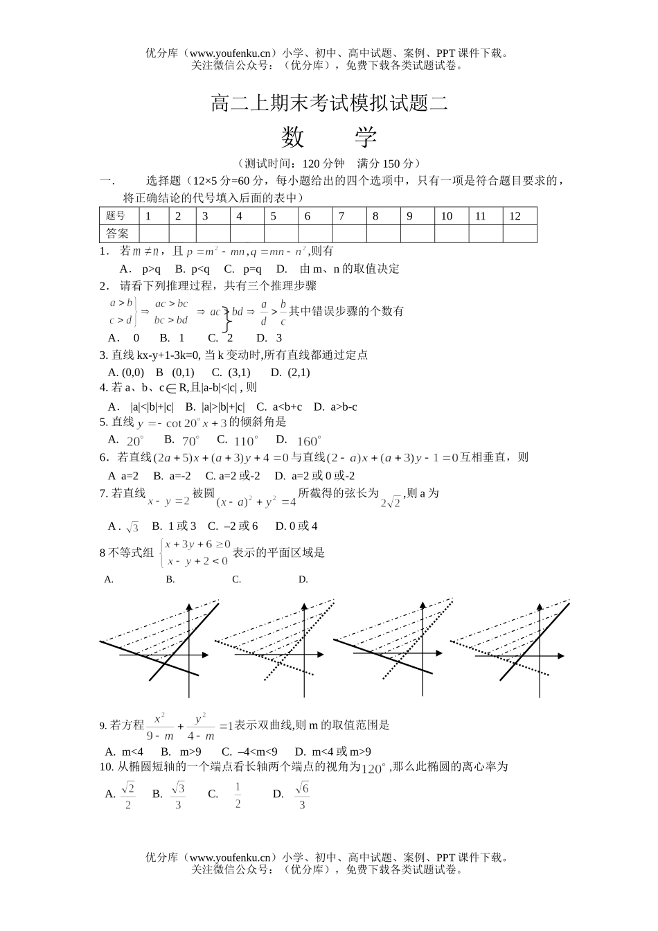 高中二年级数学上期末考试模拟2试卷_第1页
