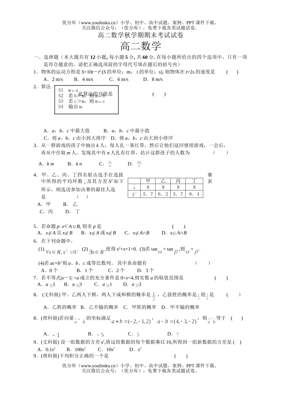 高中二年级数学秋学期期末考试卷_第1页