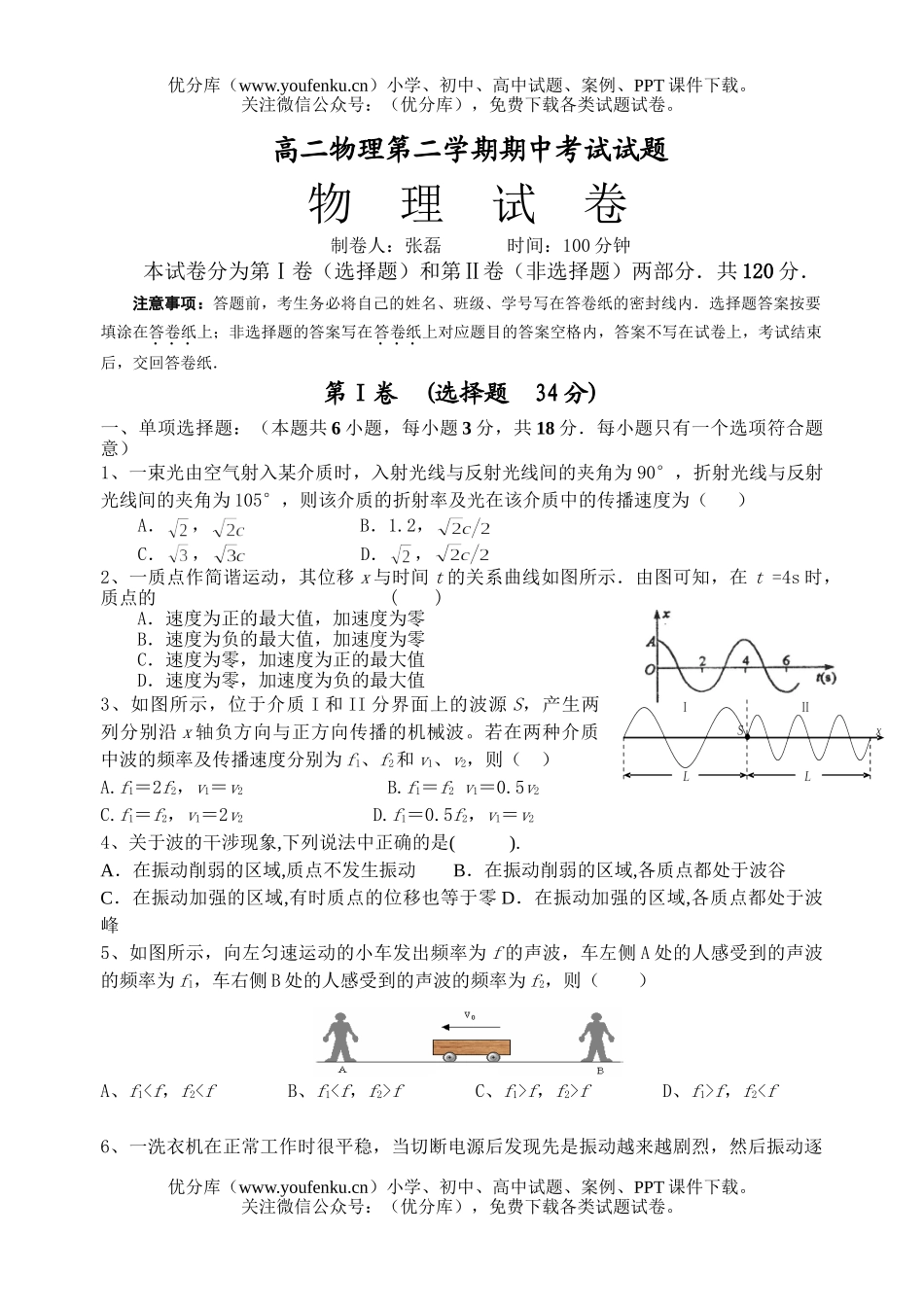 高中二年级物理第二学期期中考试卷_第1页