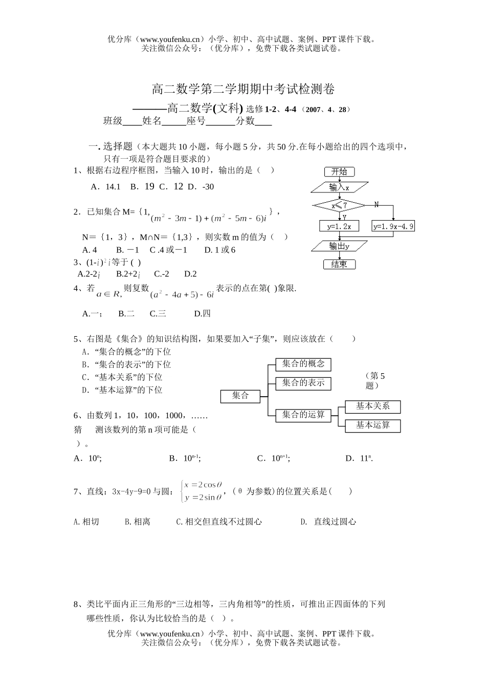 高中二年级数学第二学期期中考试检测试卷_第1页
