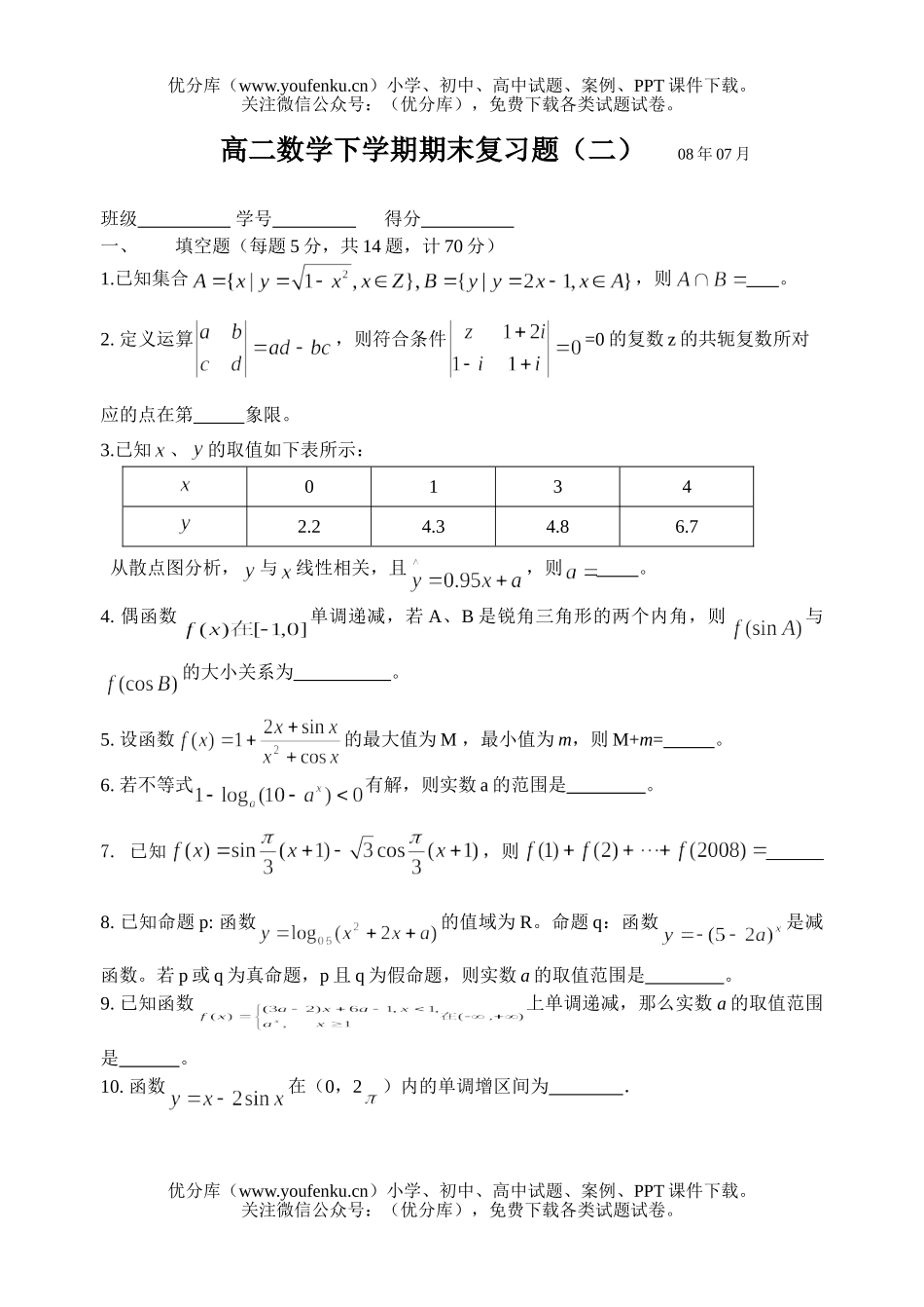 高中二年级数学下学期期末复习题2试卷_第1页