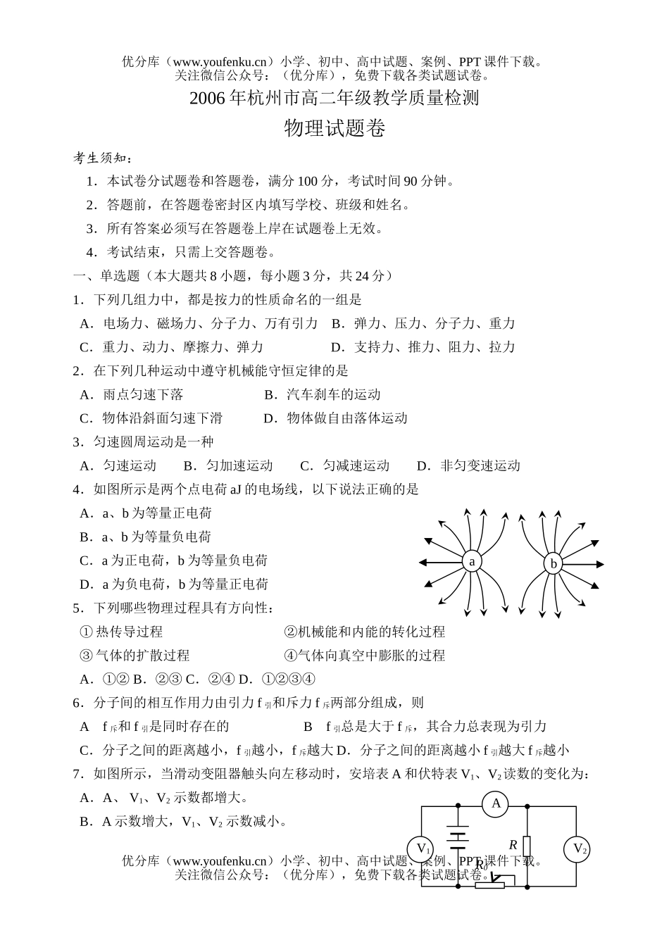 高中二年级物理2006年杭州市高教学质量检测试卷_第1页