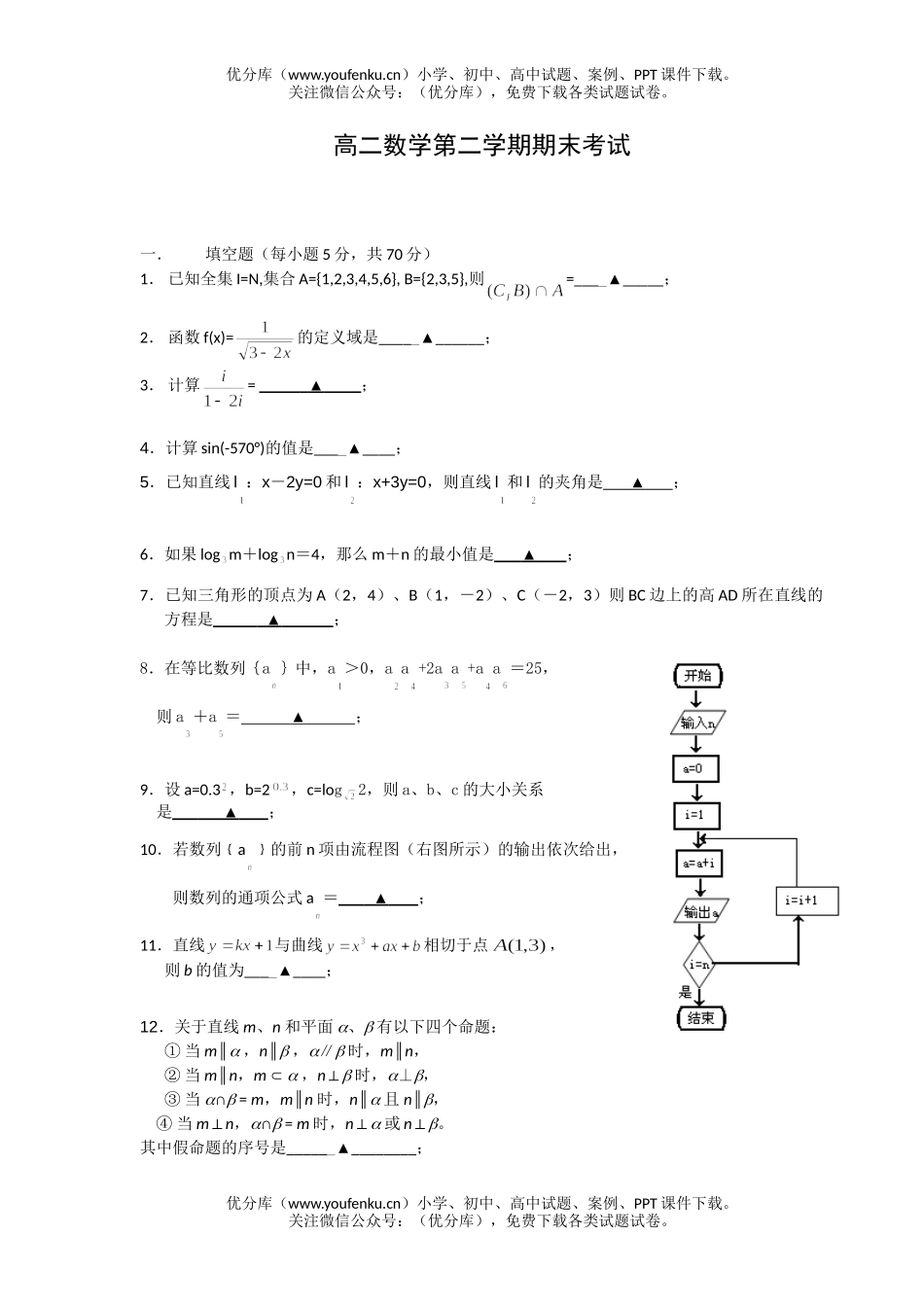 高中二年级数学第二学期期末考试卷_第1页