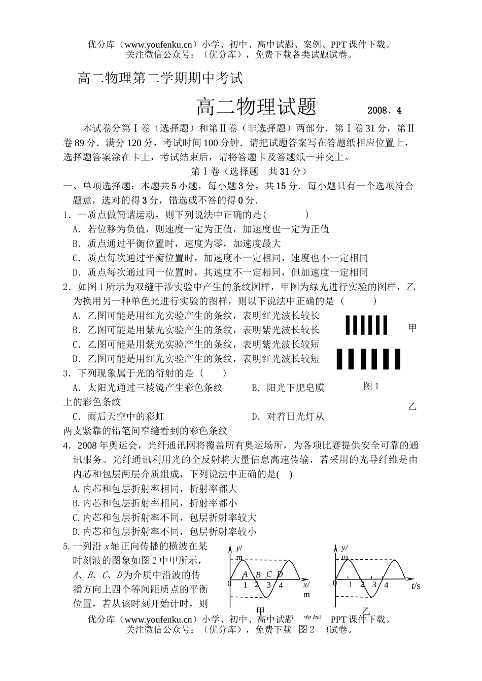 高中二年级物理第二学期期中考试卷_第1页
