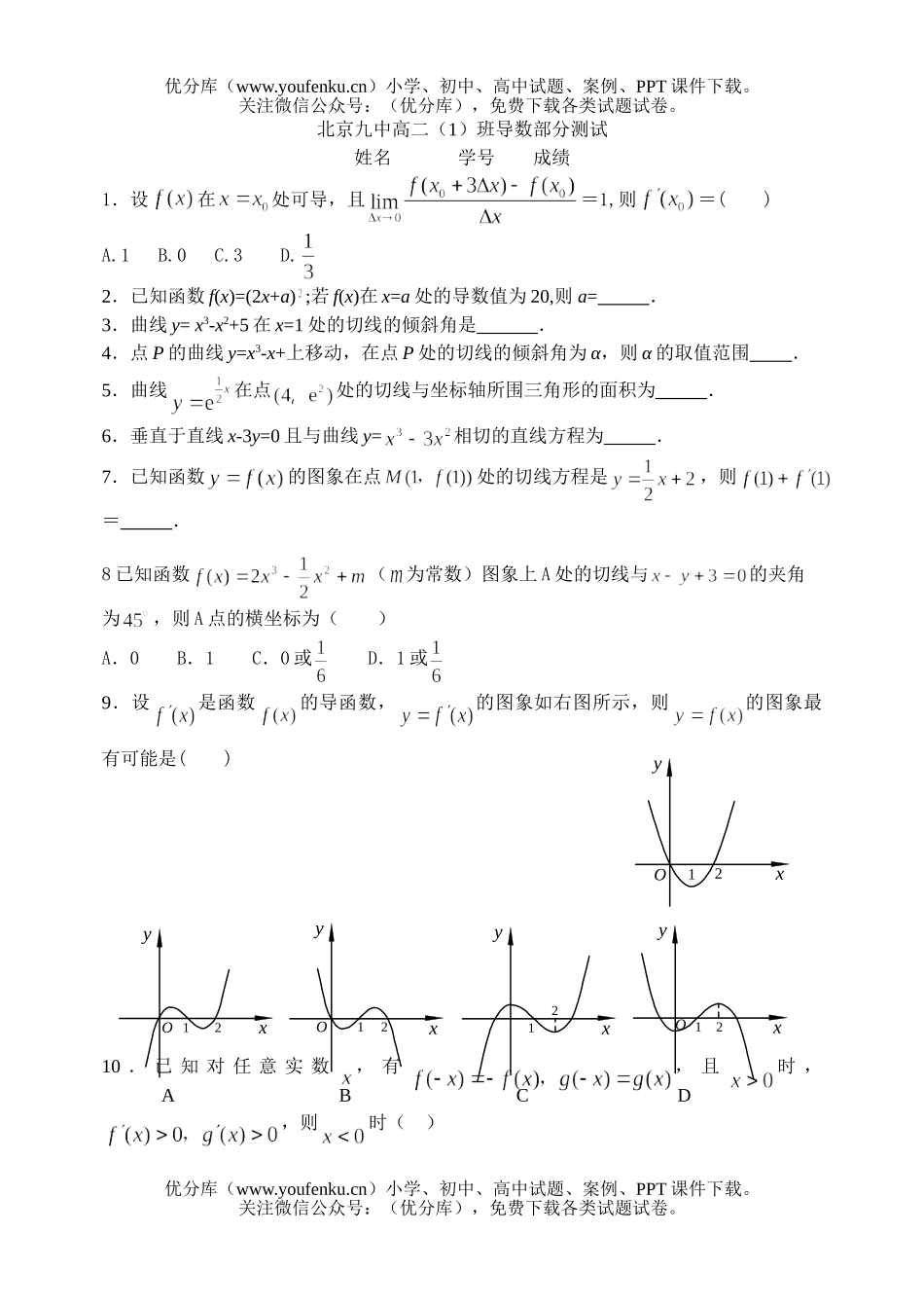 高中二年级数学导数部分测试卷_第1页