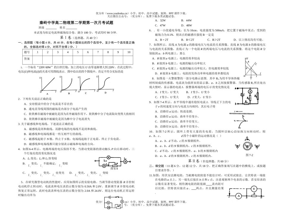 高中二年级物理第二学期第一次月考和答案试卷_第1页