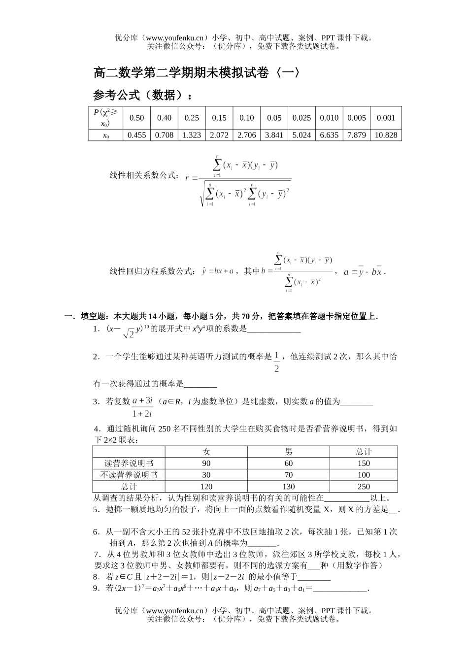高中二年级数学第二学期期未模拟试卷_第1页