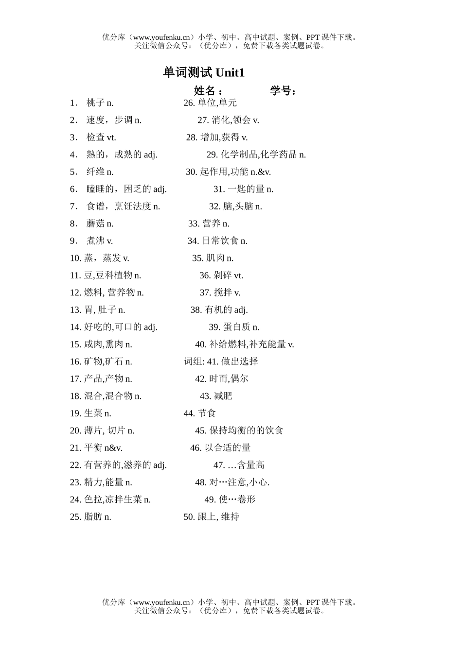 高中二年级英语上unit1单词词汇测试卷_第1页
