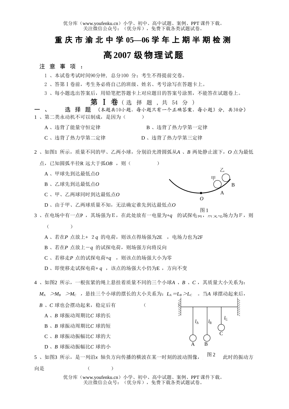 高中二年级物理高2007级第三期半期考试Ⅰ试卷_第1页