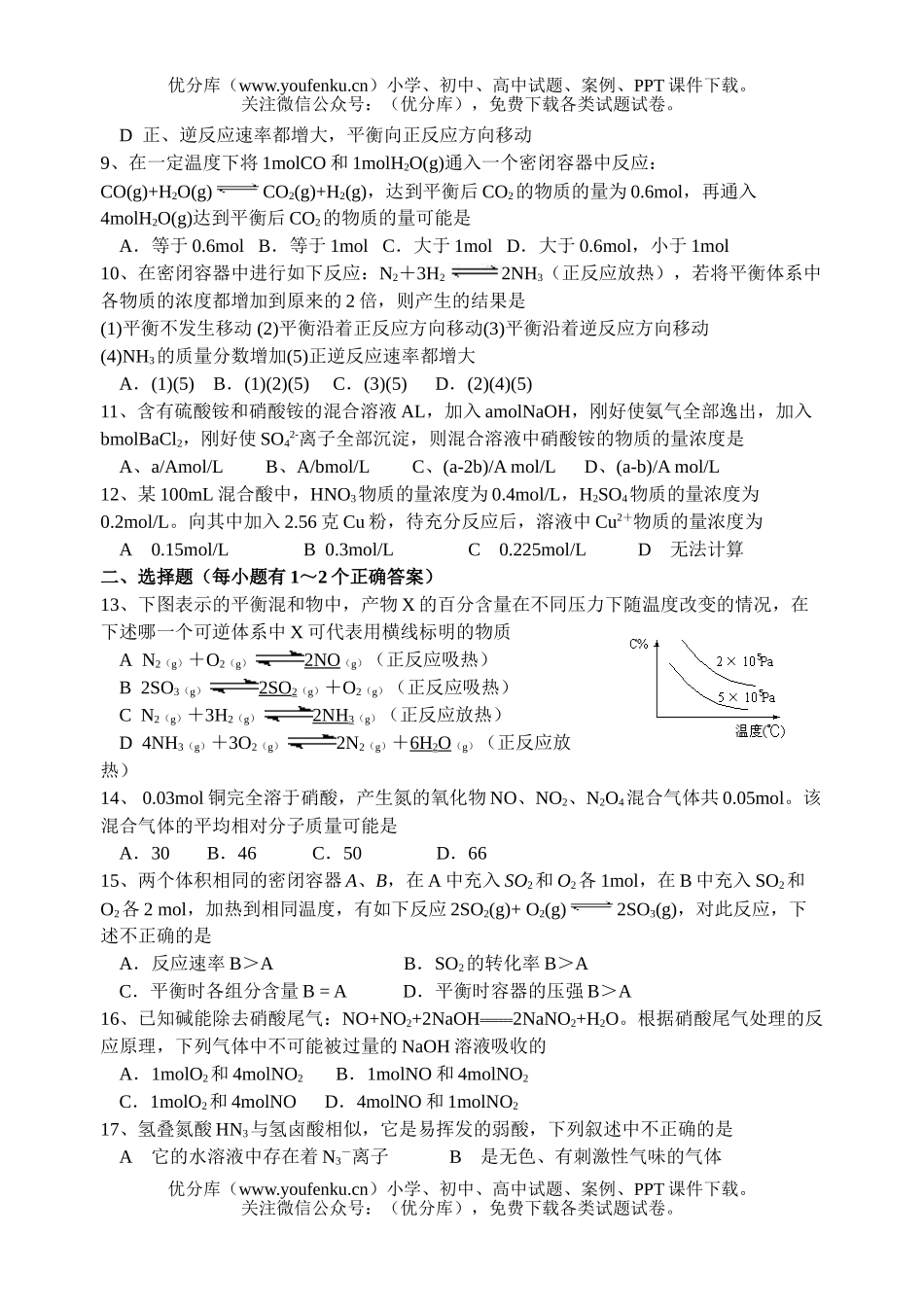 高中二年级化学氮族元素和平衡试卷_第2页