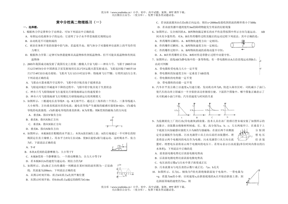 高中二年级物理黄中分校下学期练习(一)试卷_第1页