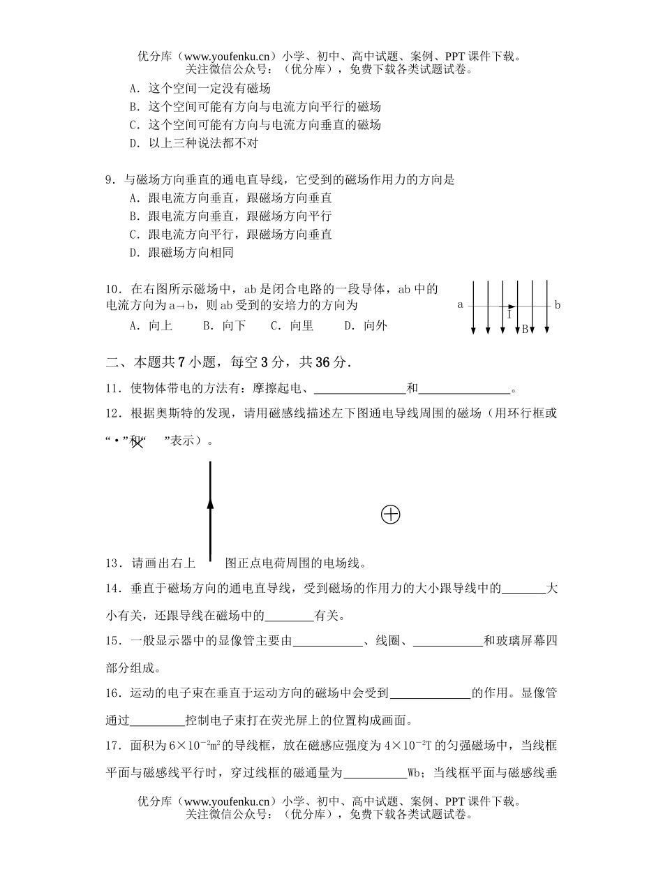 高中二年级物理上学期单元测试第一章《电与磁》试卷_第2页