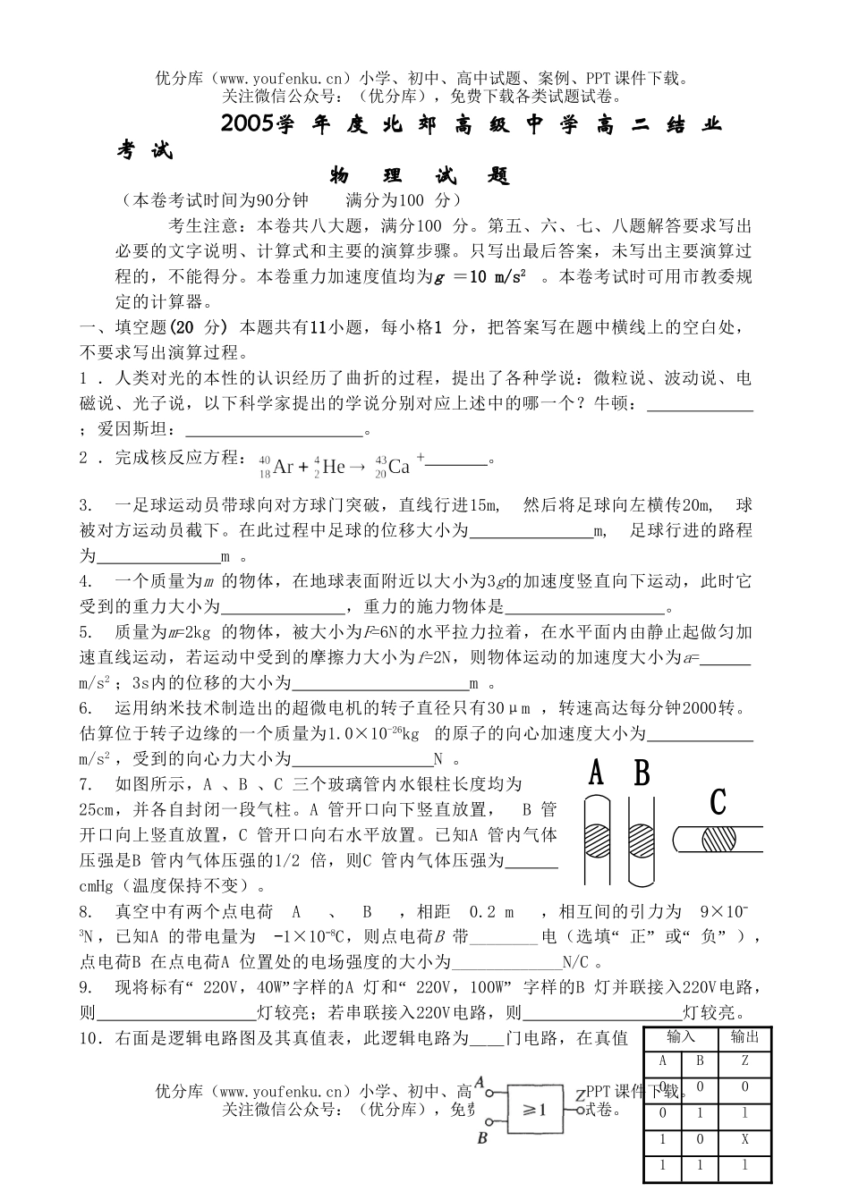 高中二年级物理上海市北郊高级中学结业考试卷_第1页