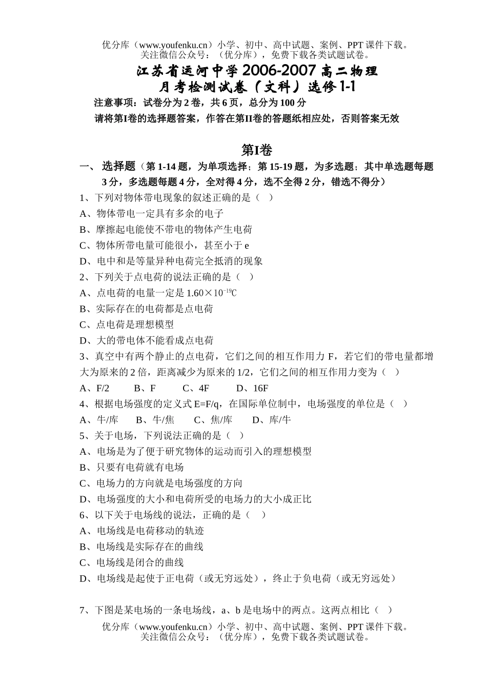 高中二年级物理江苏省运河中学2006-2007月考检测(文科)试卷_第1页