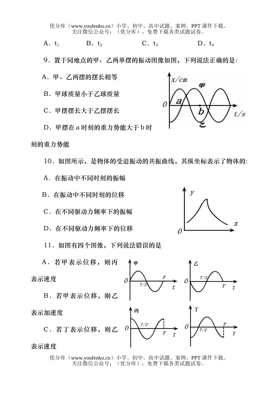 高中二年级物理机械振动单元测试卷_第3页