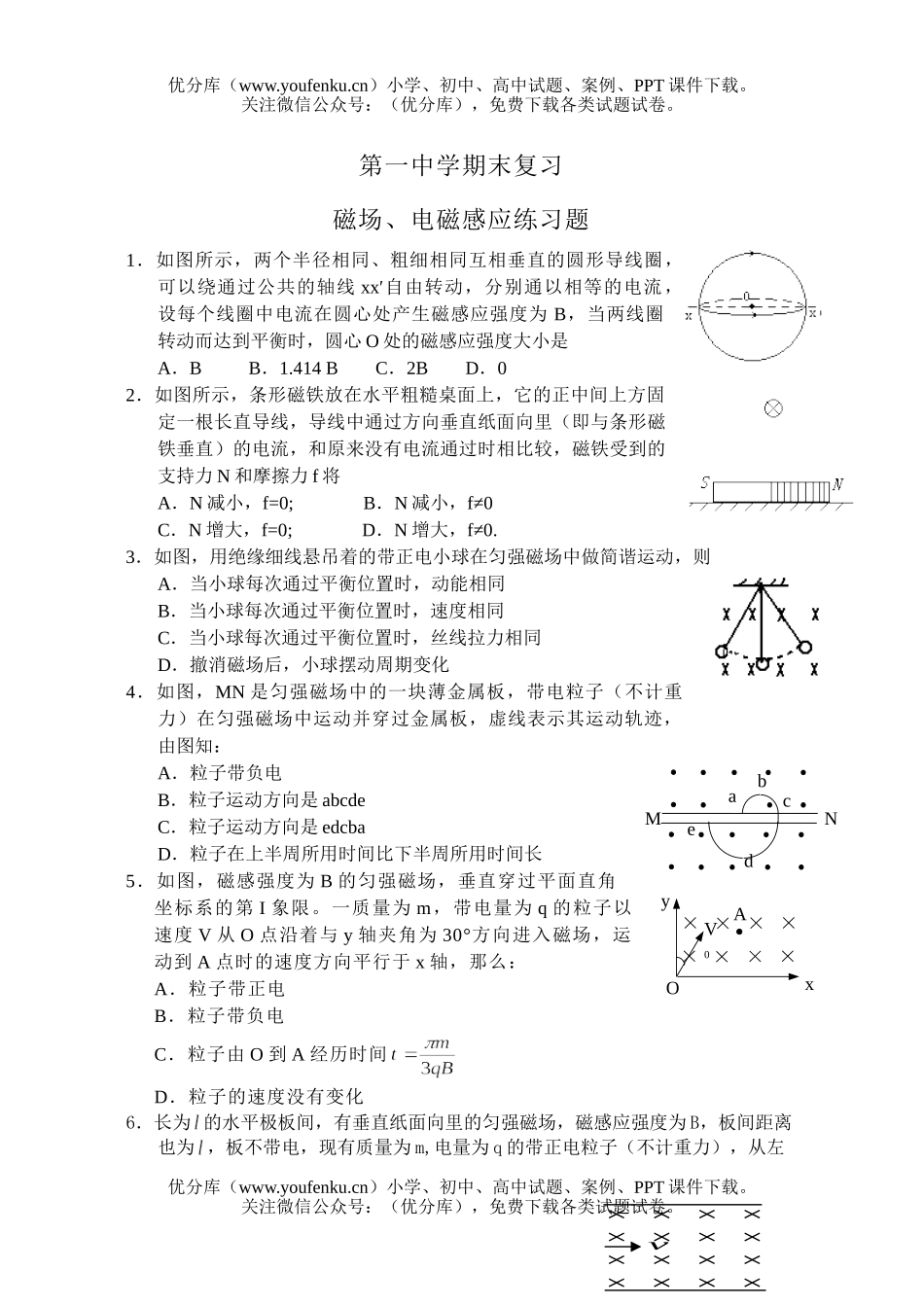 高中二年级物理磁场、电磁感应练习题试卷_第1页