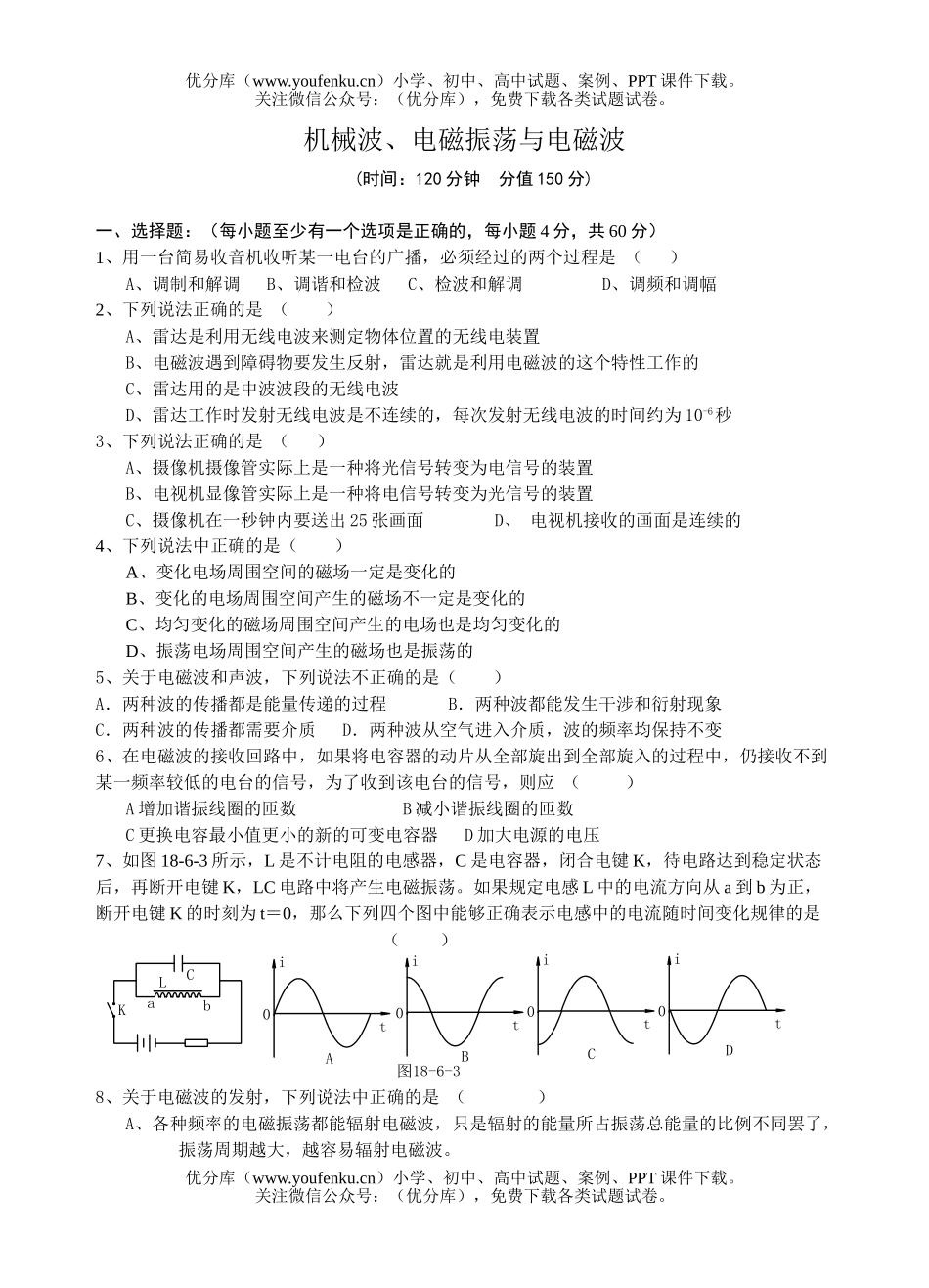 高中二年级物理机械波、电磁振荡与电磁波试卷_第1页