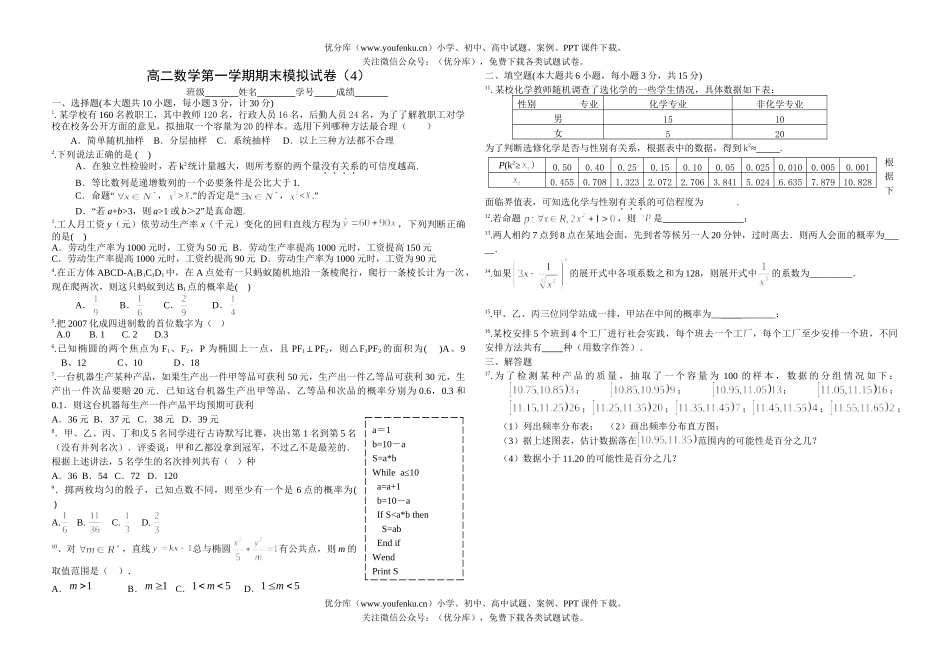 高中二年级数学第一学期期末模拟2试卷_第1页