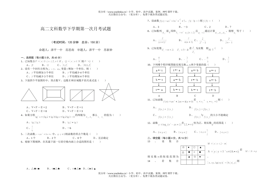 高中二年级数学文科下学期第一次月考试卷_第1页
