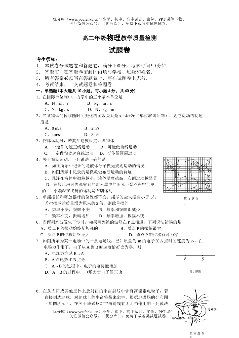 高中二年级物理高教学质量检测试卷_第1页