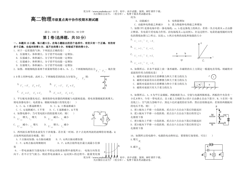 高中二年级物理市级重点协作校期末测试卷_第1页