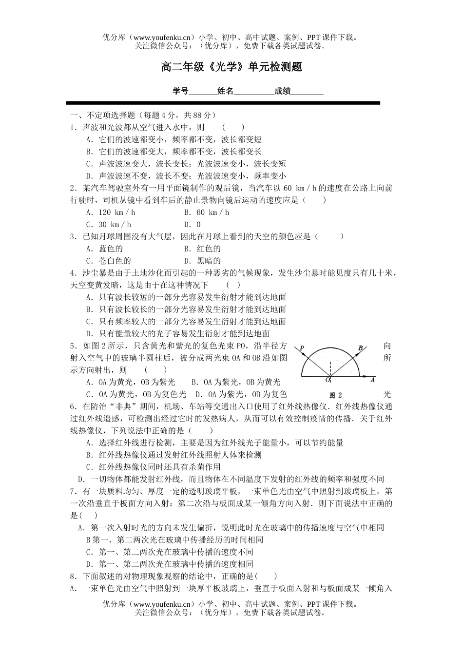 高中二年级物理高《光学》单元检测题试卷_第1页