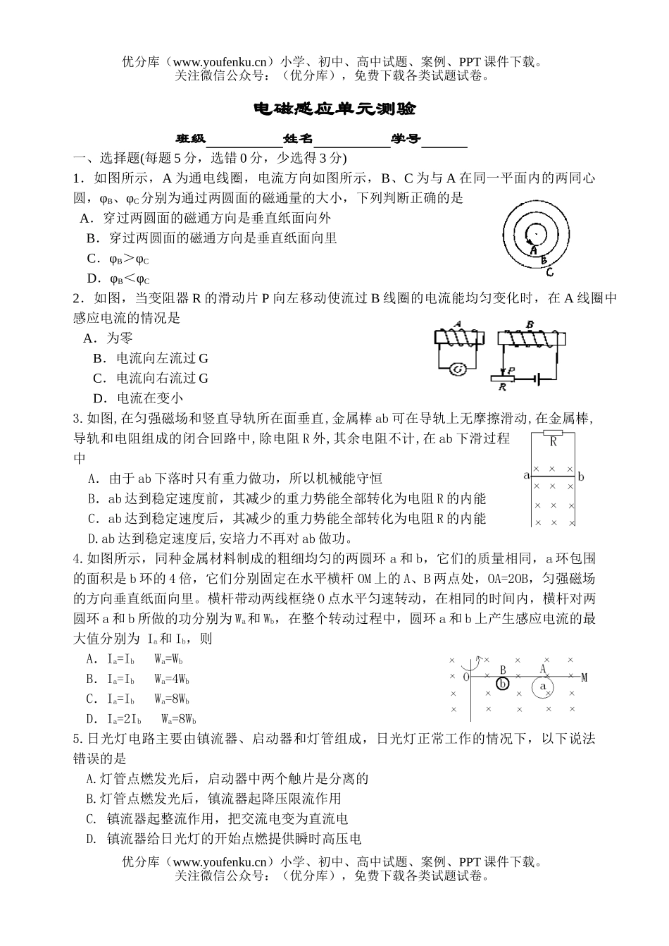 高中二年级物理电磁感应单元测验试卷_第1页