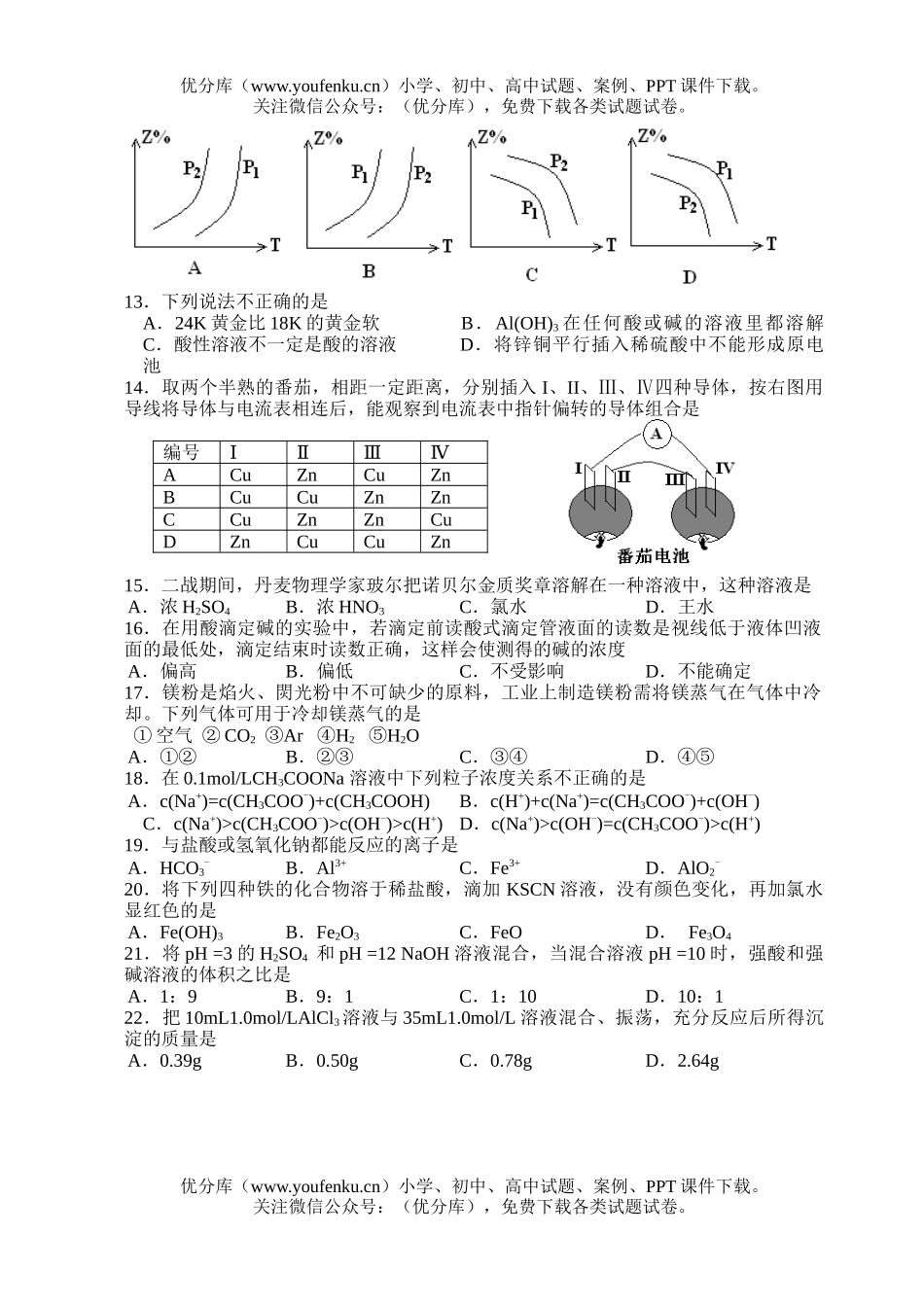 高中二年级化学第一学期期末考试(理科)试卷_第2页