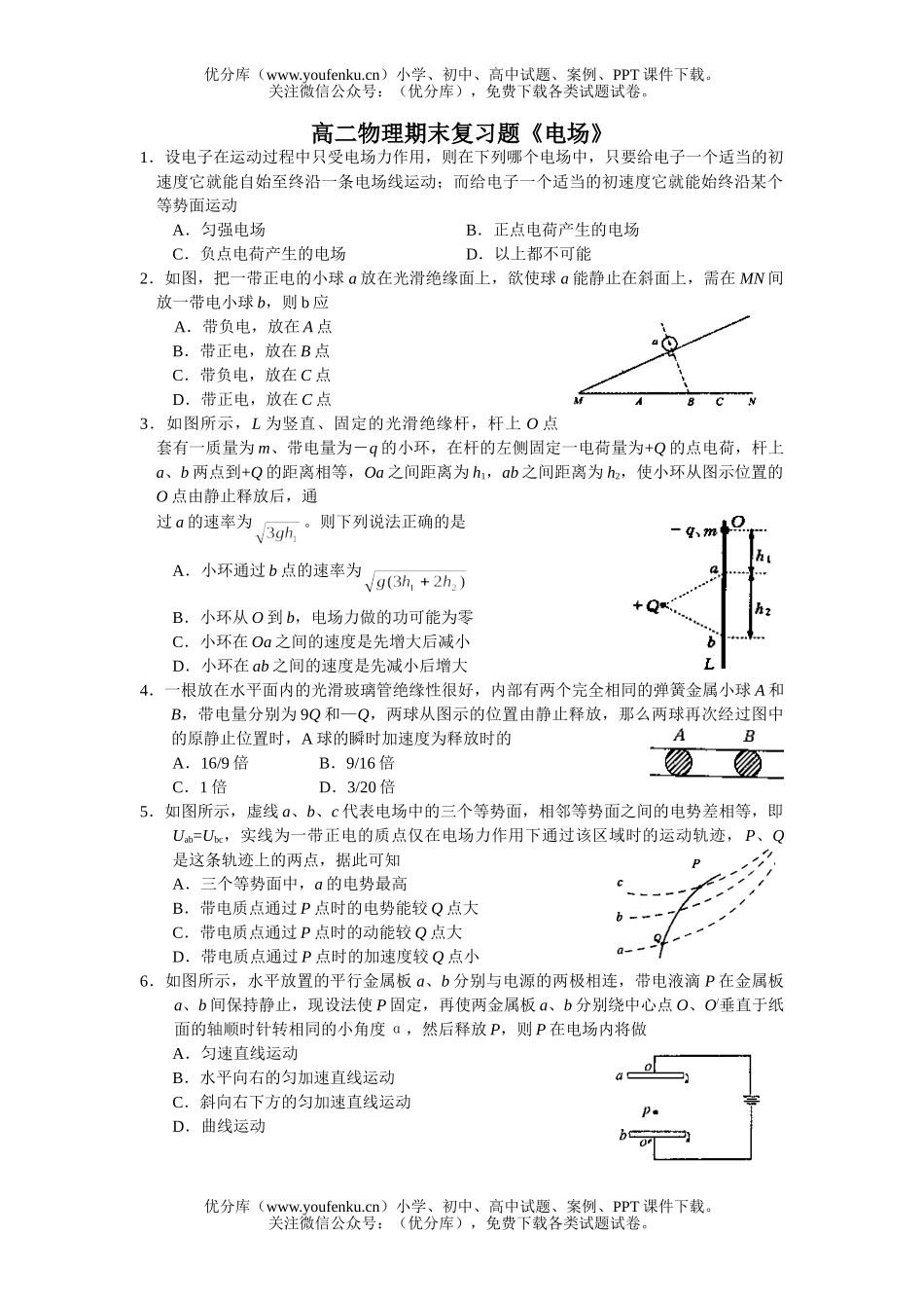 高中二年级物理期末复习题《电场》试卷_第1页