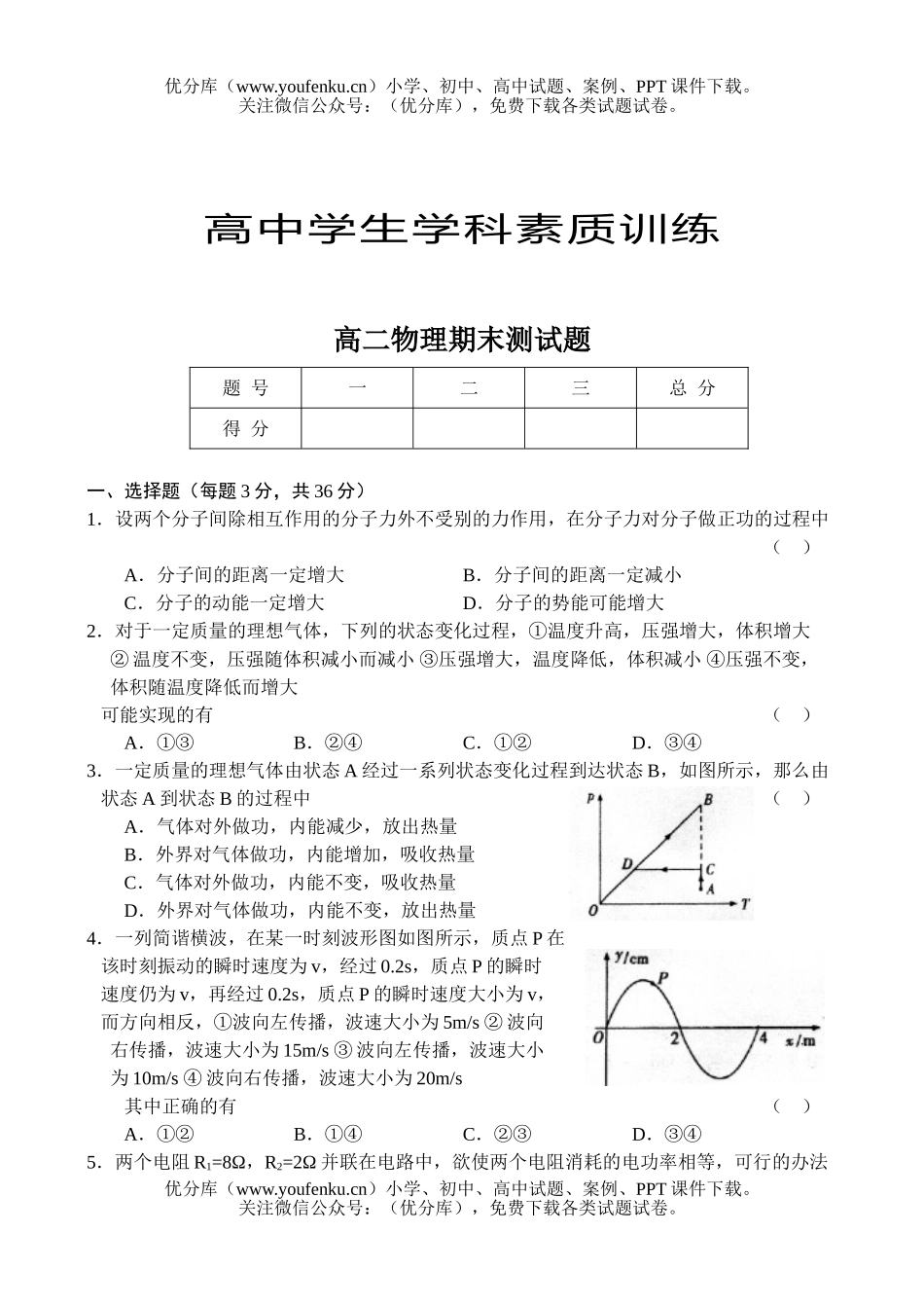 高中二年级物理期末测试卷_第1页
