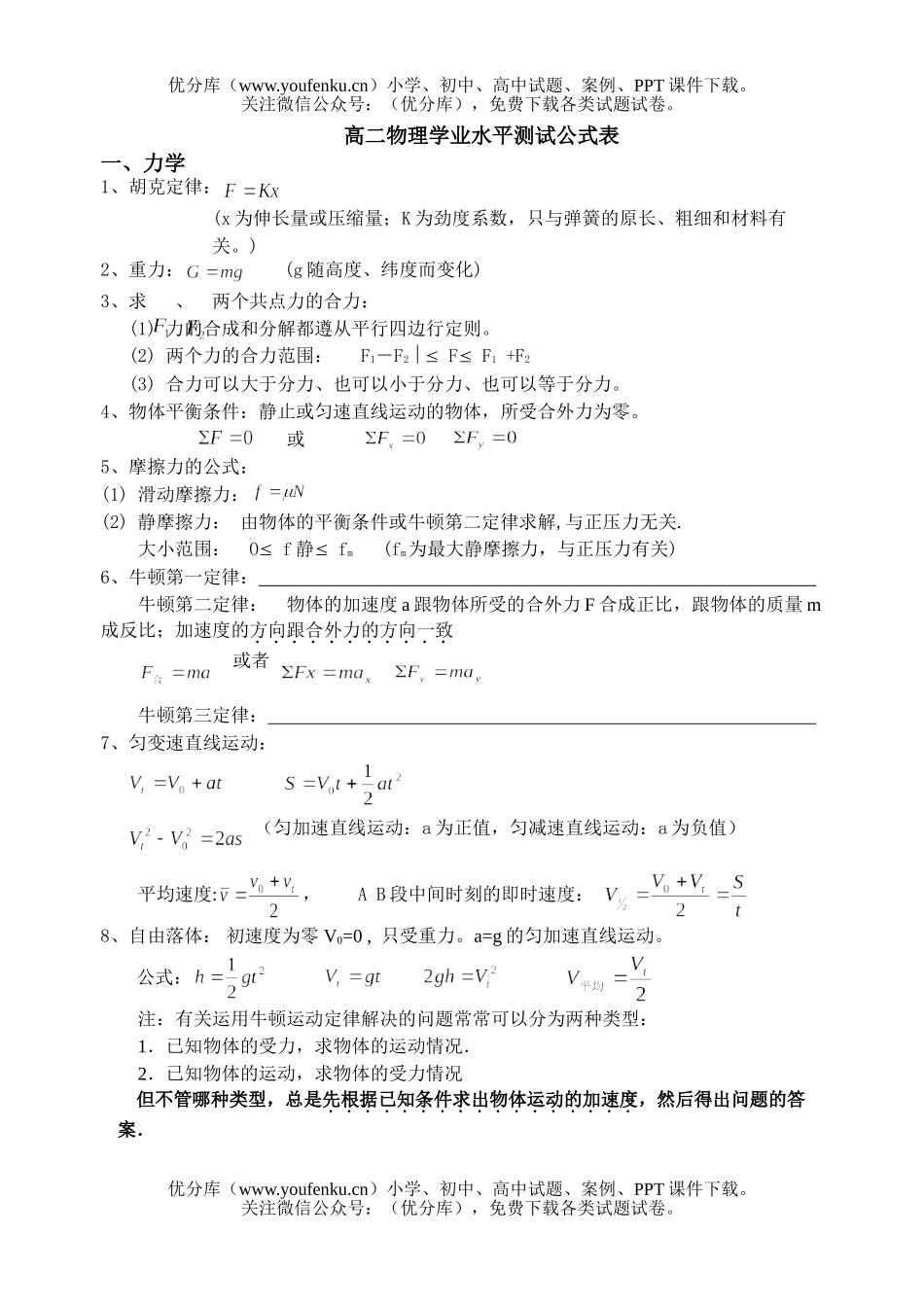 高中二年级物理学业水平测试公式表试卷_第1页