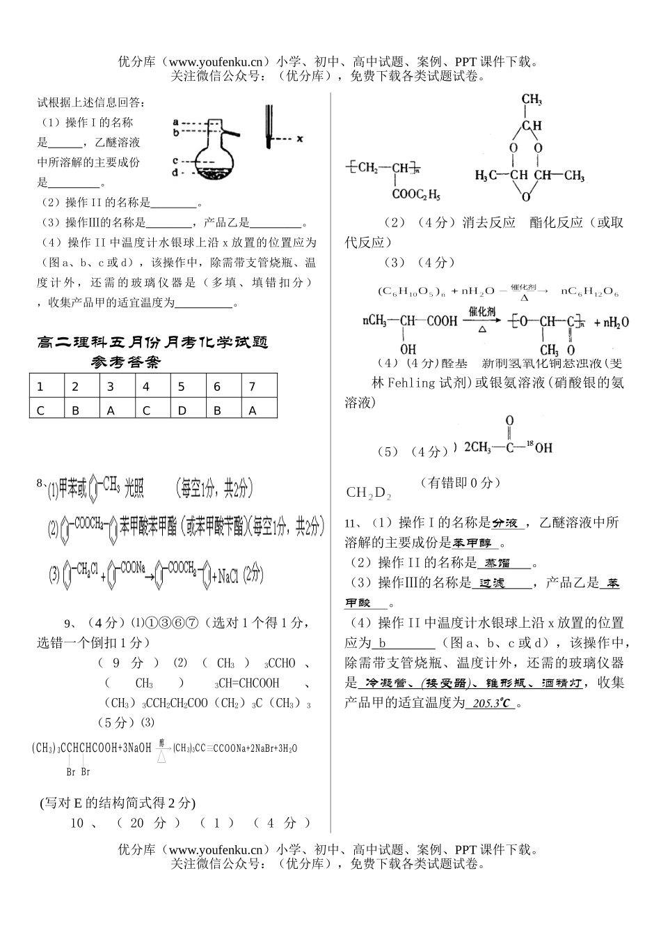高中二年级化学理科五月份月考试卷_第2页