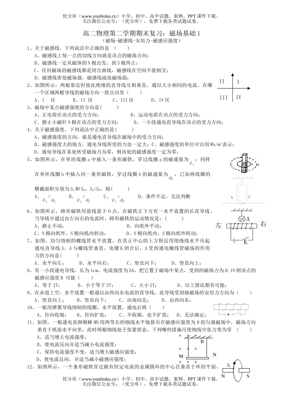 高中二年级物理第二学期期末复习：磁场基础1试卷_第1页