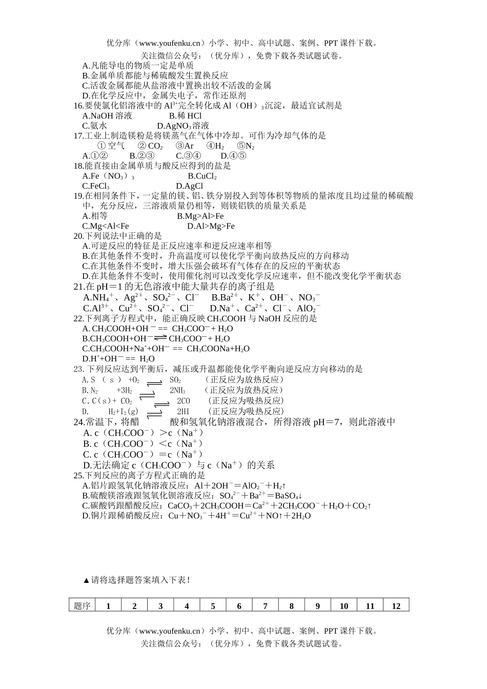 高中二年级化学第一学期期末质检复习题(文科)试卷_第2页