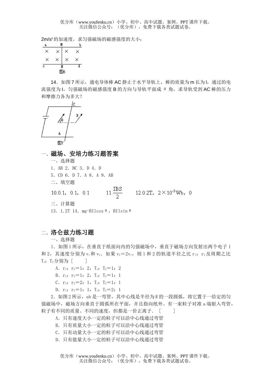 高中二年级物理暑假作业(磁场)试卷_第3页
