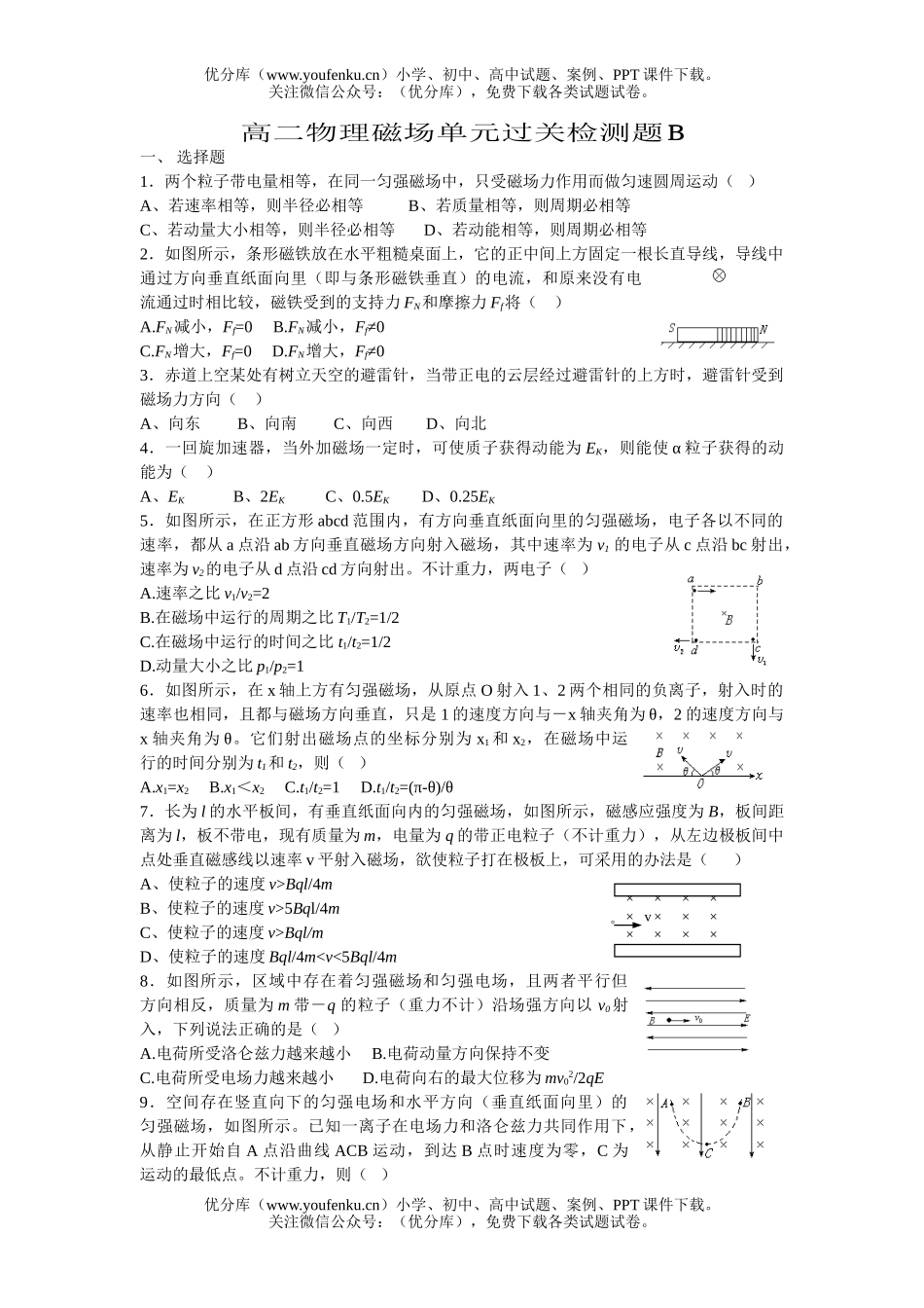 高中二年级物理磁场单元过关检测题B试卷_第1页