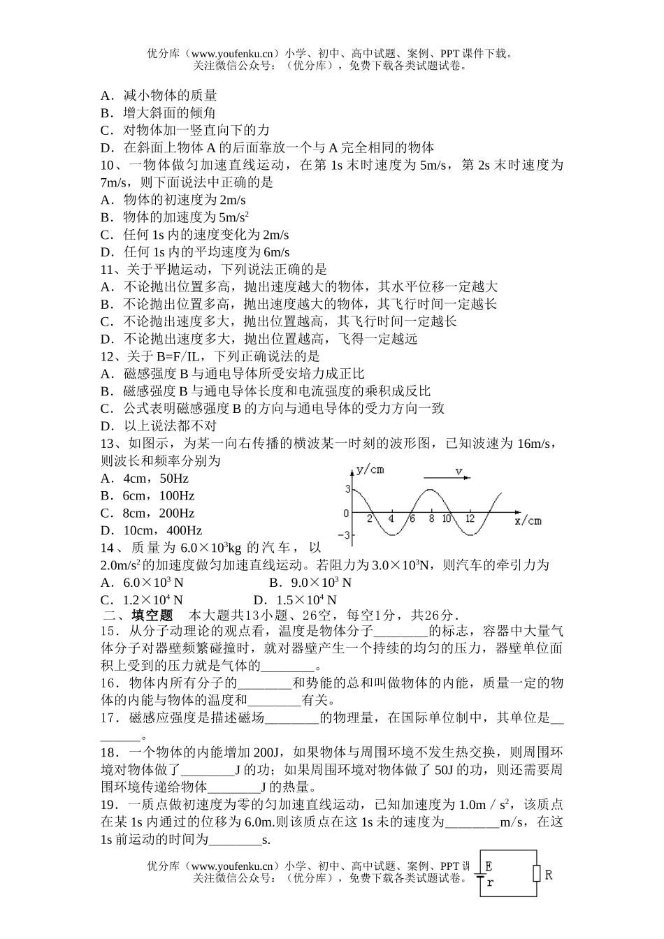 高中二年级物理普通毕业会考模拟(三)试卷_第2页