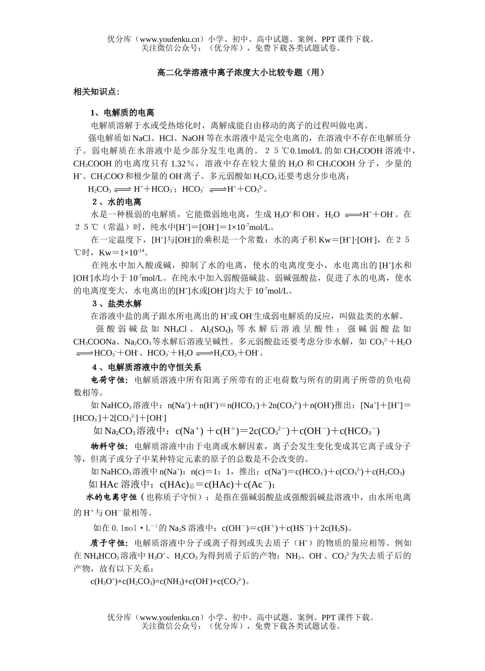高中二年级化学溶液中离子浓度大小比较专题试卷_第1页