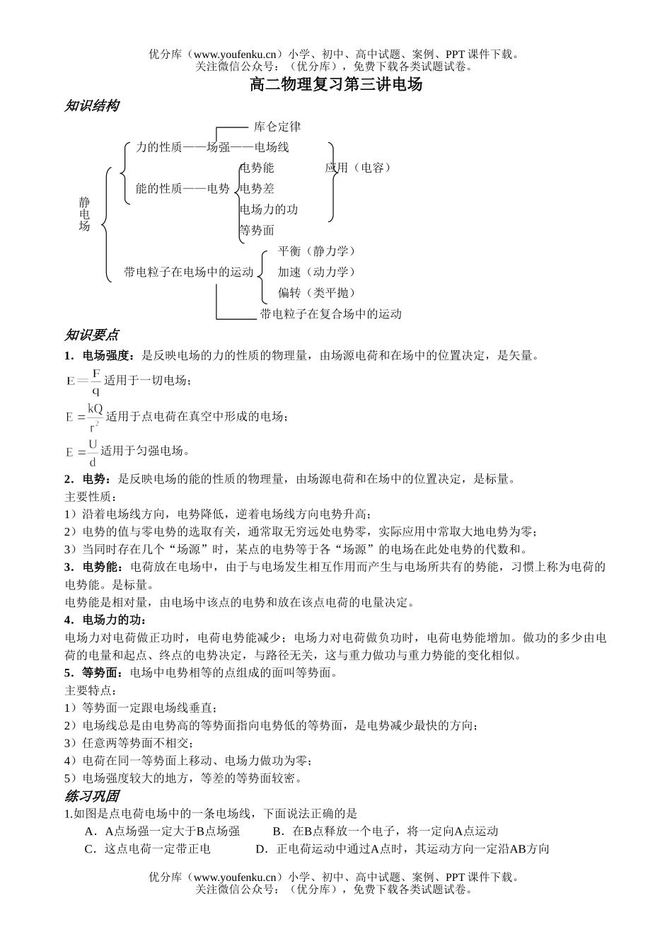 高中二年级物理复习第三讲电场试卷_第1页