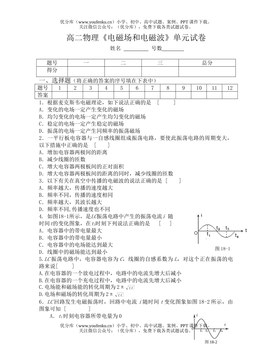 高中二年级物理《电磁场和电磁波》单元试卷_第1页