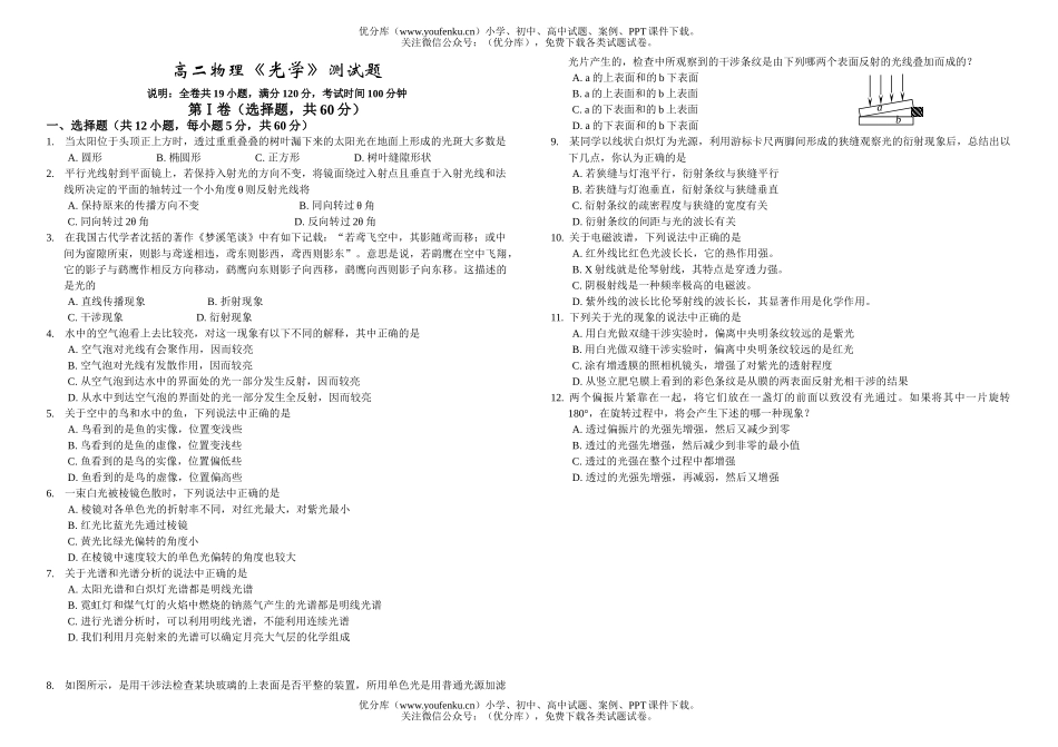 高中二年级物理《光学》测试卷_第1页