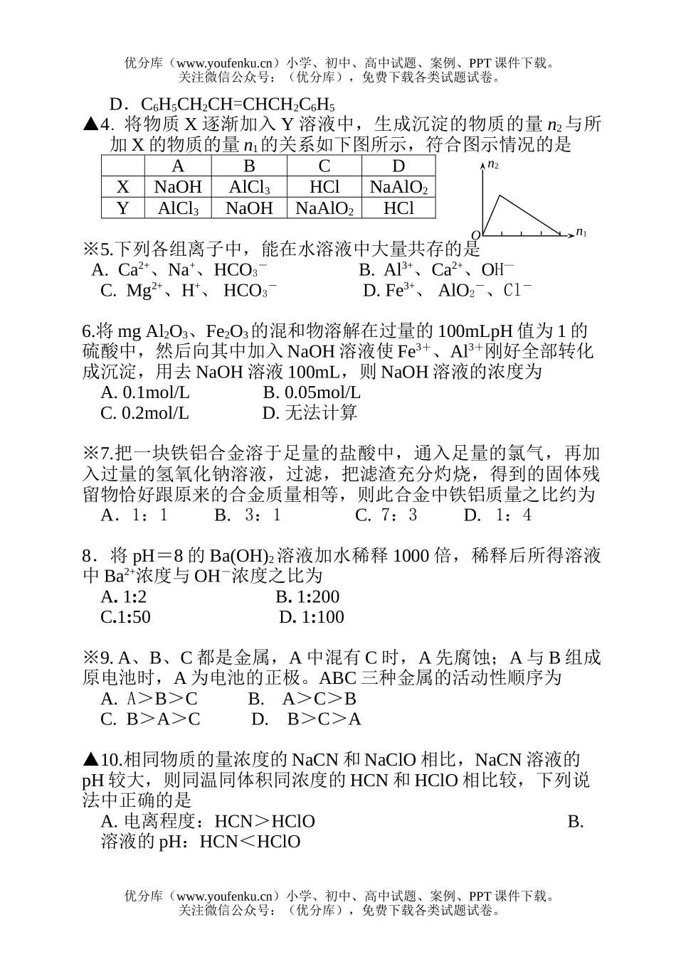 高中二年级化学上学期期末五校联考试卷_第2页