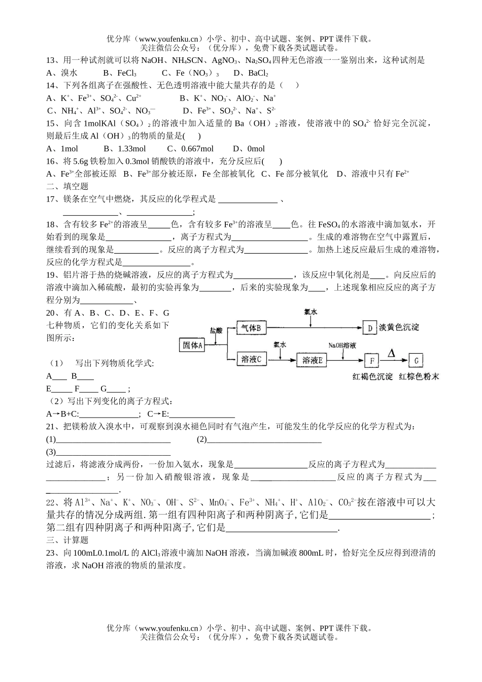 高中二年级化学镁铝铁练习试卷_第1页