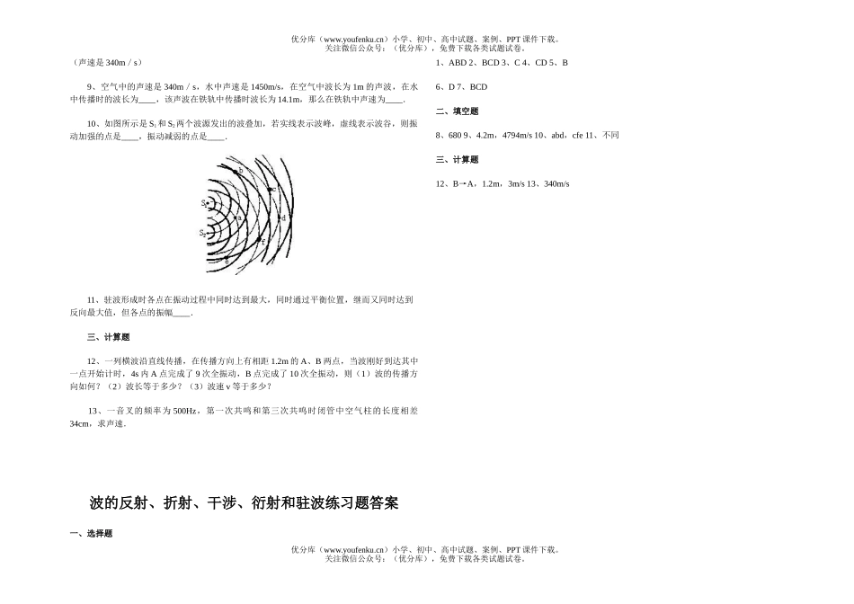 高中二年级物理波的反射、折射、干涉、衍射和驻波练习题试卷_第2页