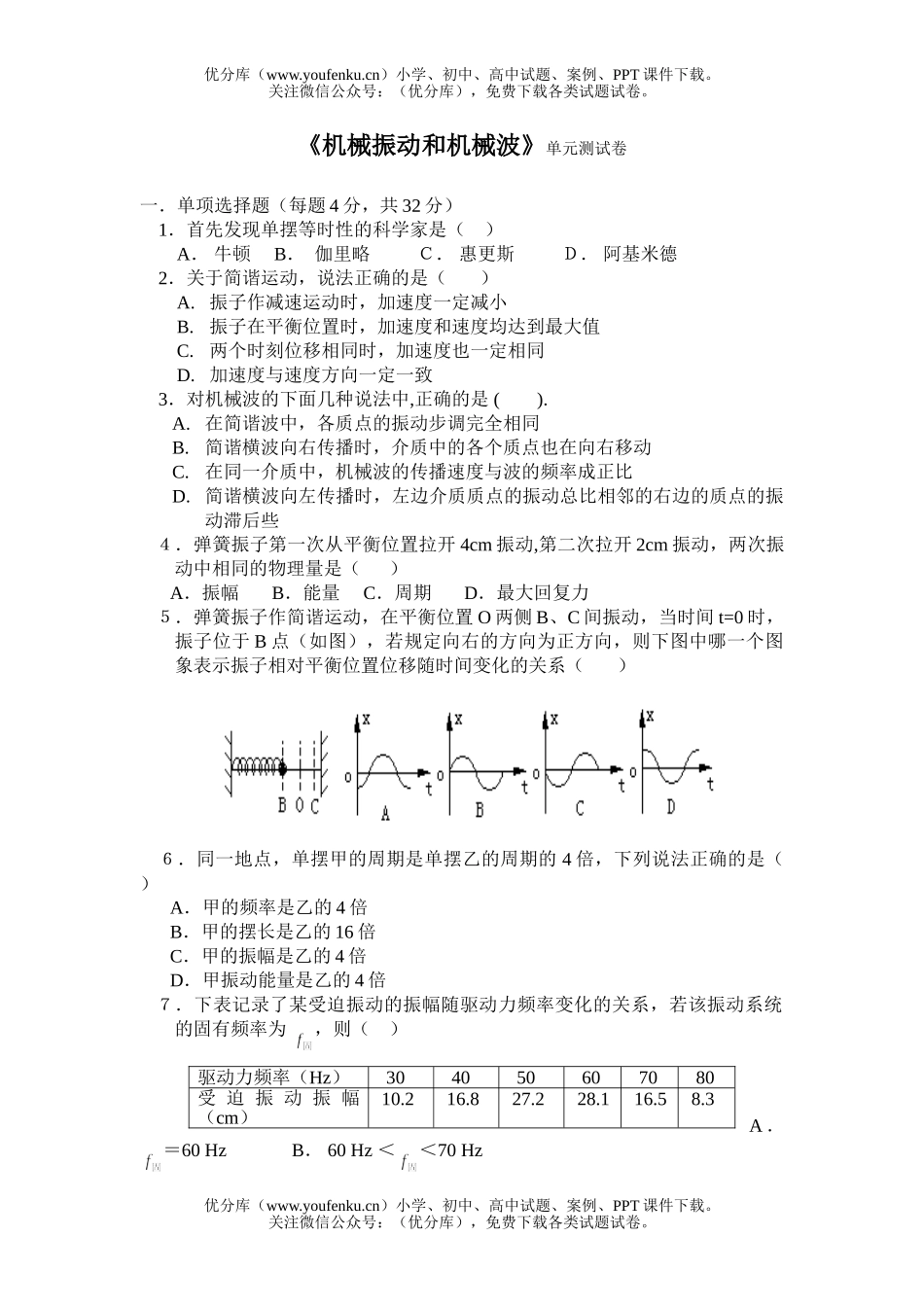 高中二年级物理《机械振动和机械波》单元测试卷_第1页