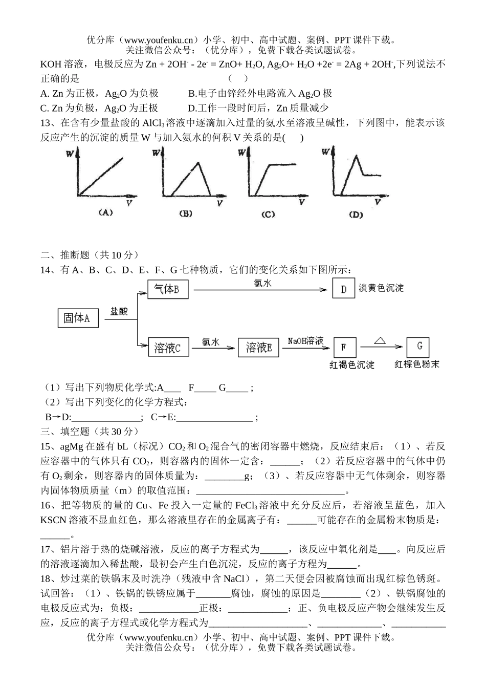 高中二年级化学第四章《几种重要的金属》测试卷_第2页