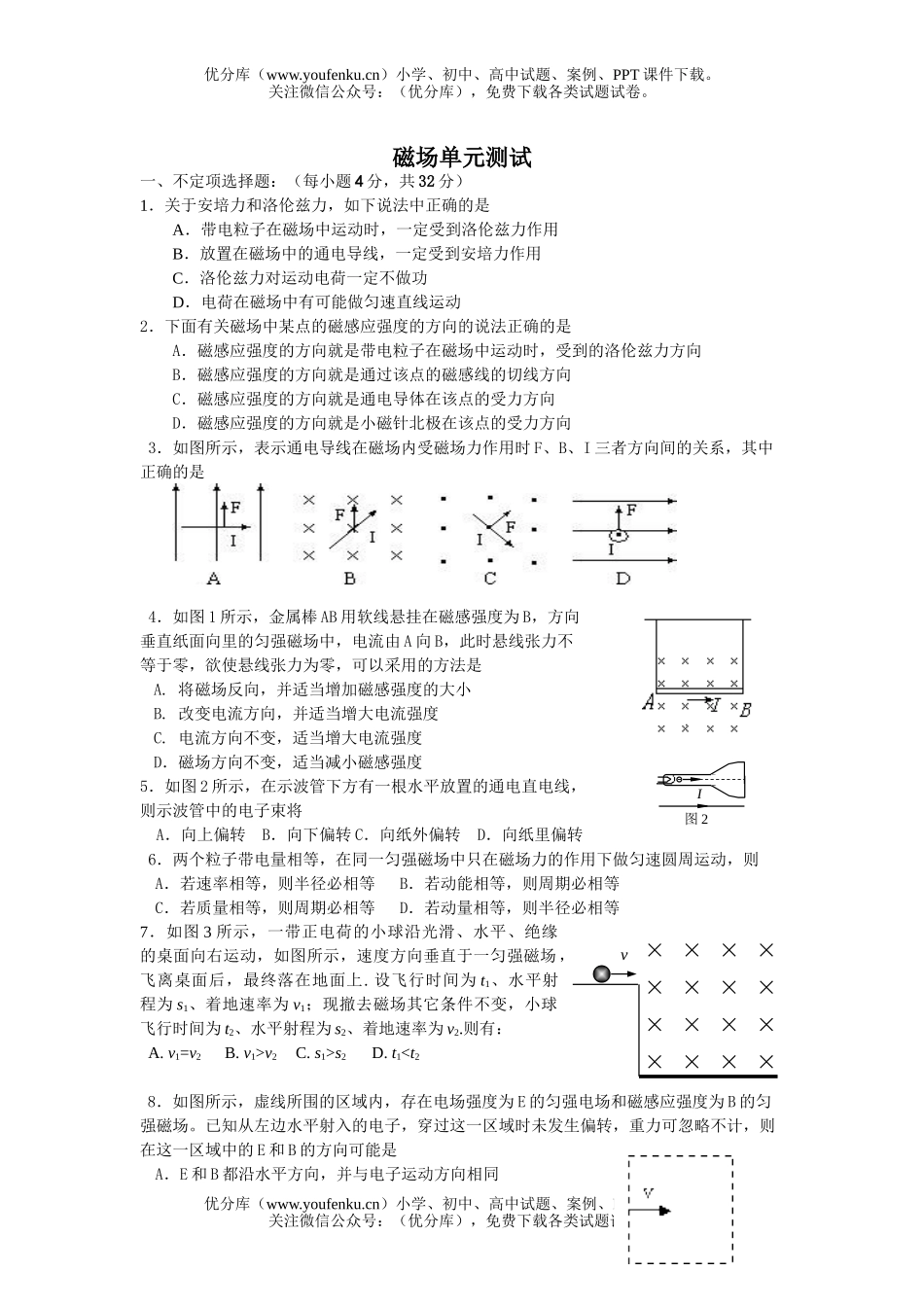 高中二年级物理磁场单元测试卷_第1页
