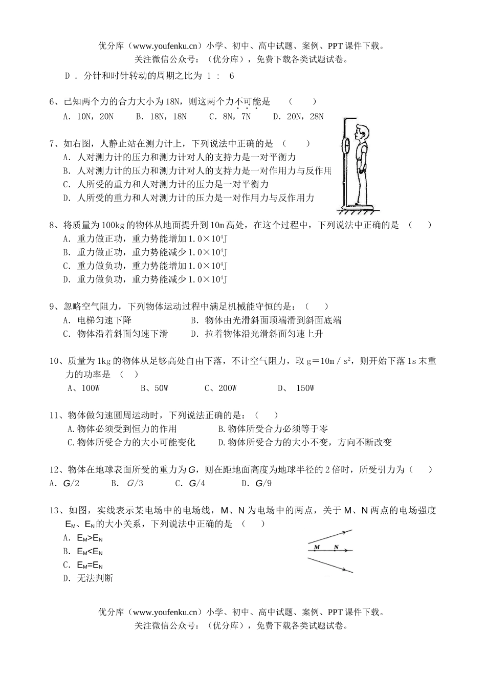 高中二年级物理学业水平测试模拟2试卷_第2页