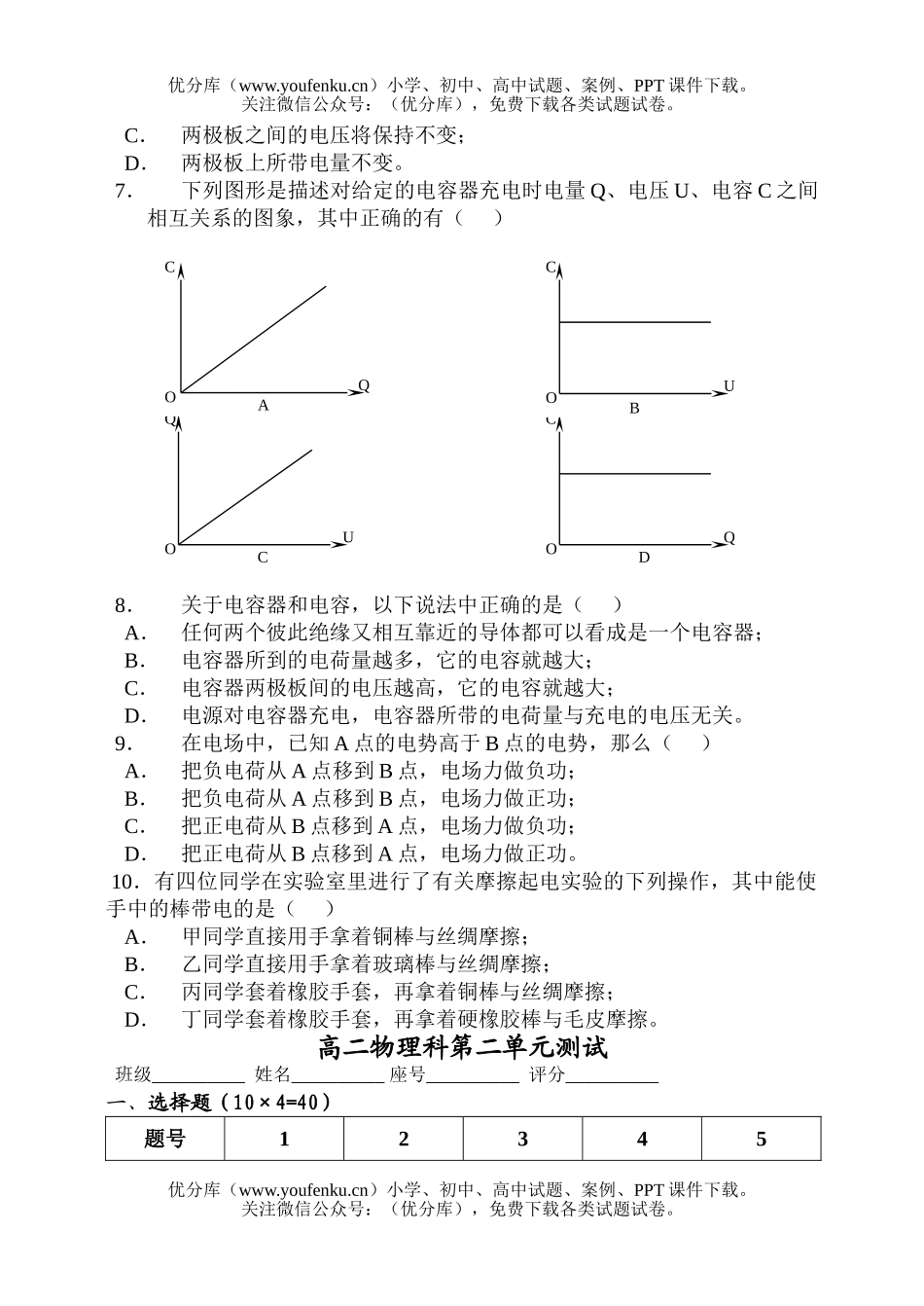 高中二年级物理科第二单元测试卷_第2页